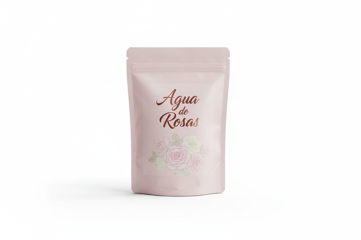 Agua de Rosas packet with label F1EBE4 background colour 