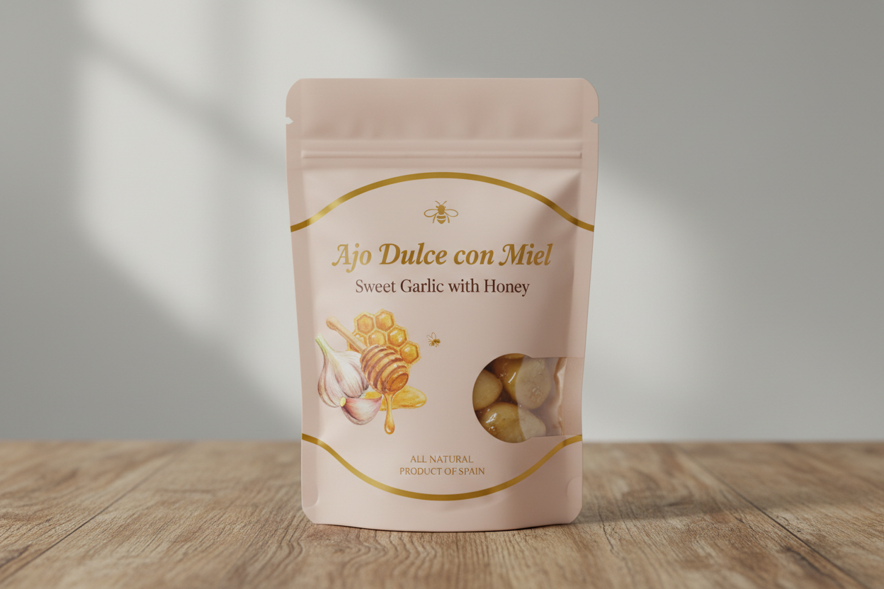 Ajo Dulce con Miel packet with label F1EBE4 background colour 