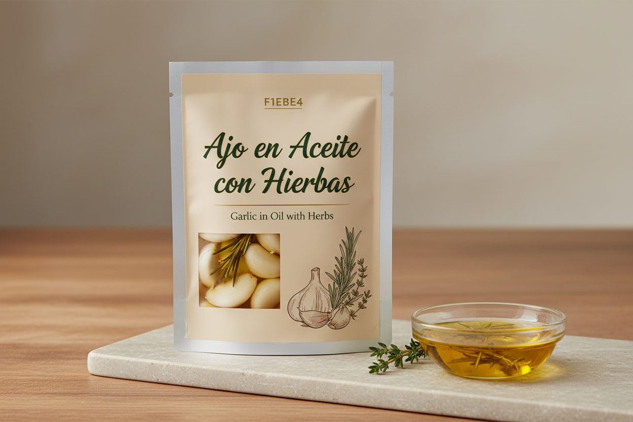 Ajo en Aceite con Hierbas packet with label F1EBE4 background colour 