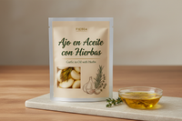 Ajo en Aceite con Hierbas packet with label F1EBE4 background colour 