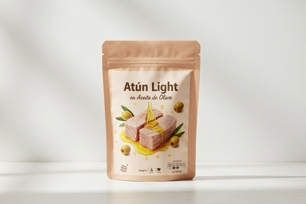 Atún Light en Aceite de Oliva packet with label F1EBE4 background colour 