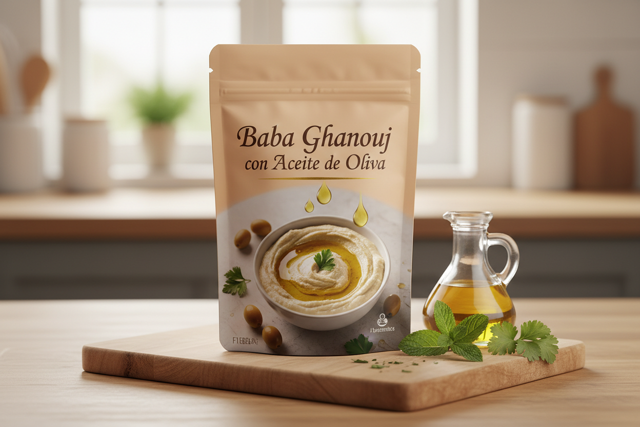 Baba Ghanouj con Aceite de Oliva  packet with label F1EBE4 background colour 