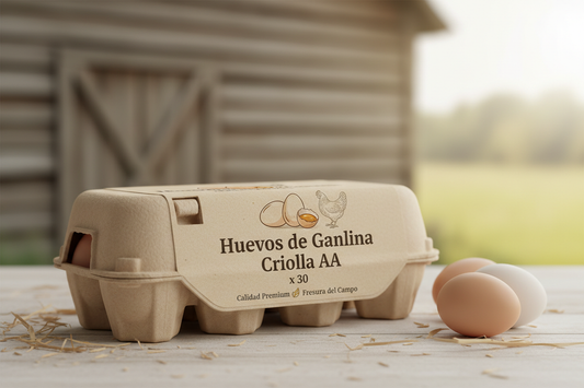 Huevos de Gallina Criolla AA x 30 packet with label F1EBE4 background colour 