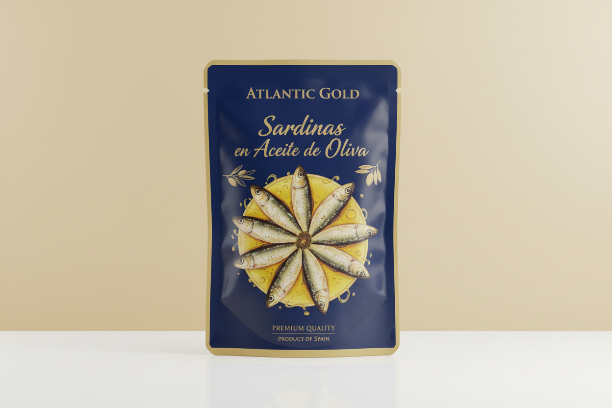 Sardinas en Aceite de Oliva  packet with label F1EBE4 background colour 