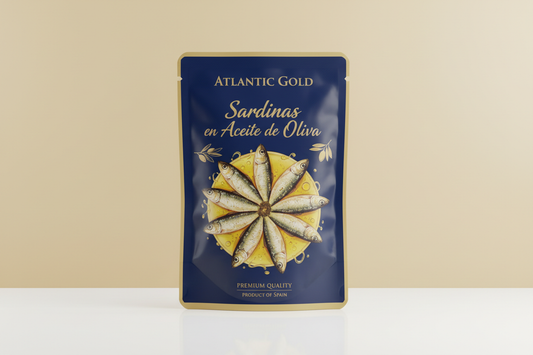 Sardinas en Aceite de Oliva  packet with label F1EBE4 background colour 