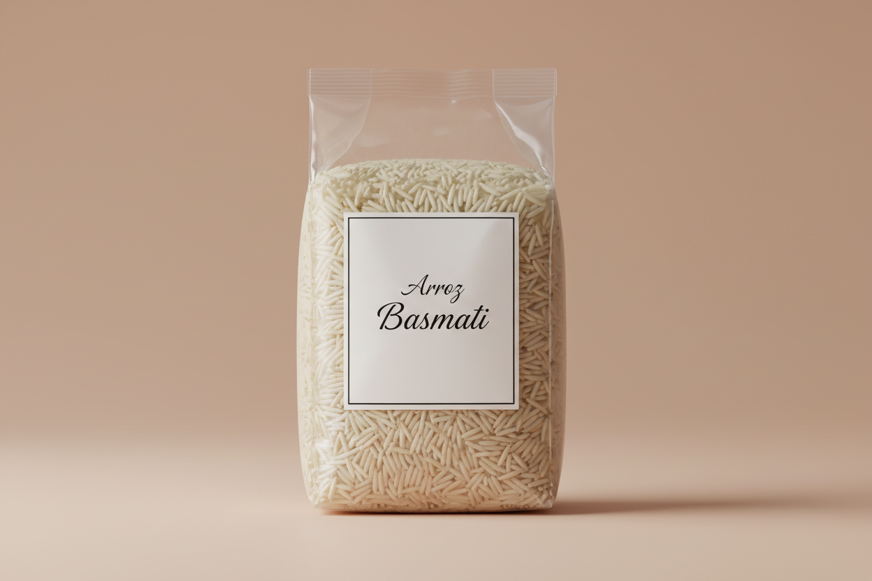 show in transparent packet label Arroz basmati with iamge background F1EBE4