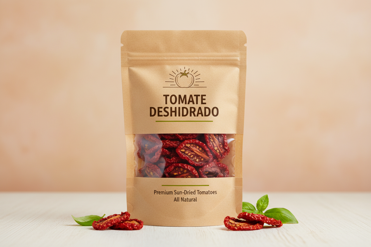 Tomate Deshidratado  packet with label F1EBE4 background colour 